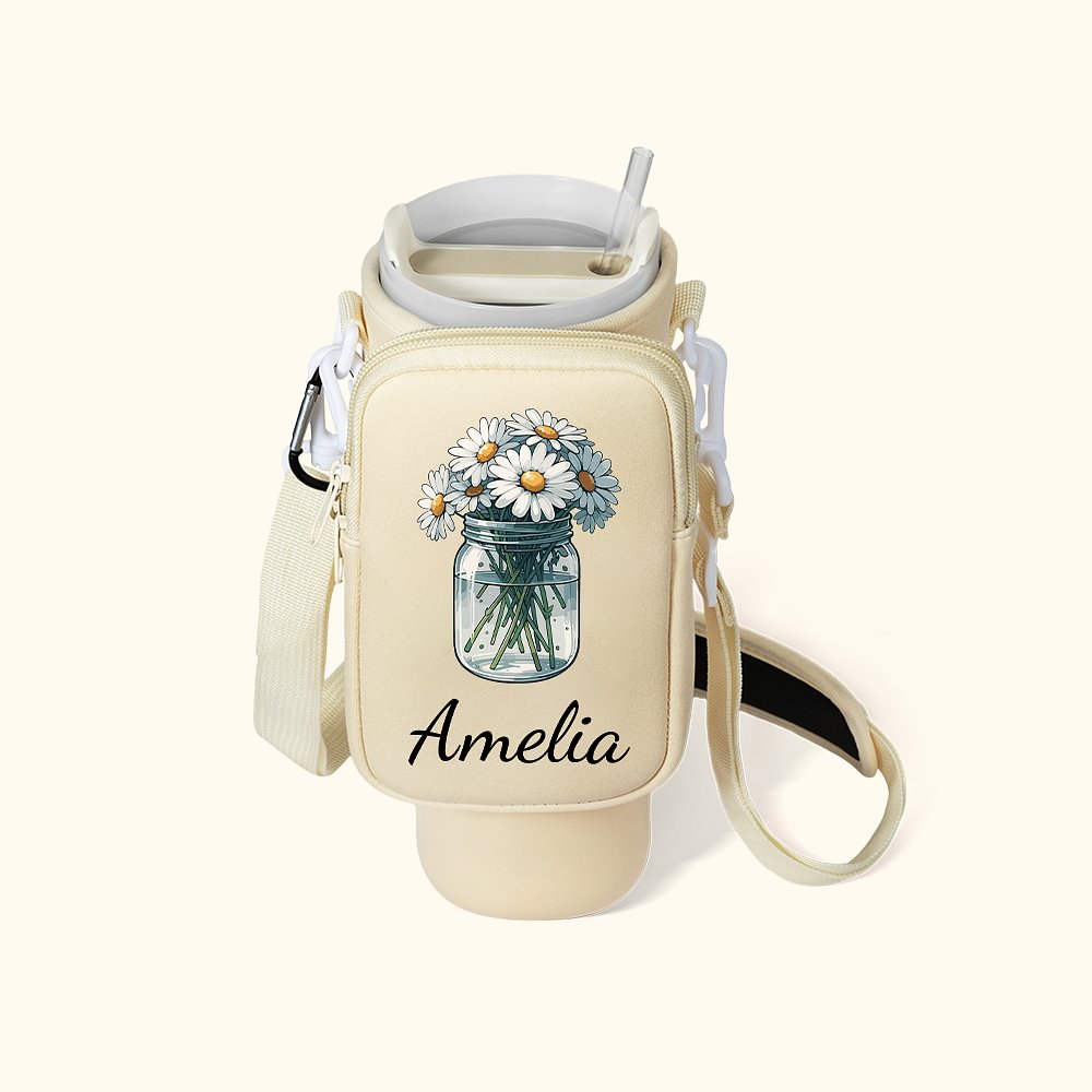 Personalised Vintage Birth Flower Water Bottle Carrier Bag with Strap