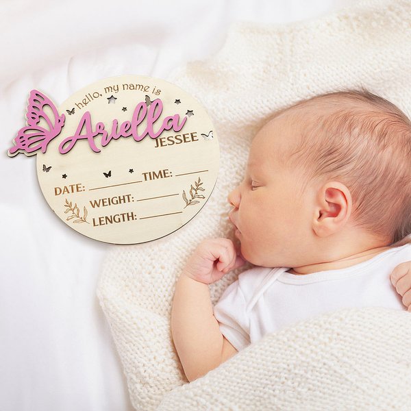 Personalised 3D Butterfly Wooden Birth Announcement Sign Photo Prop with Stats and Engraved Name Baby Shower Birthday Gift for Newborns