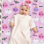 Personalized Cute Pumpkin Ghost Halloween Theme Pink Swaddle Blanket and Hat Set with Name Baby Shower Halloween Gift for Baby Girls
