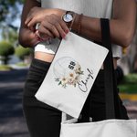 Personalised Birth Flower Volleyball Sports Theme Linen Wristlet Makeup Bag with Name and Number Birthday Gift for Women Volleyball Lovers