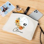 Personalised Birth Flower Volleyball Sports Theme Linen Wristlet Makeup Bag with Name and Number Birthday Gift for Women Volleyball Lovers