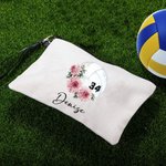 Personalised Birth Flower Volleyball Sports Theme Linen Wristlet Makeup Bag with Name and Number Birthday Gift for Women Volleyball Lovers