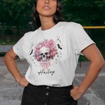 Personalized Multicolor Pink Floral Skull T-shirt with Name Halloween Gift for Women