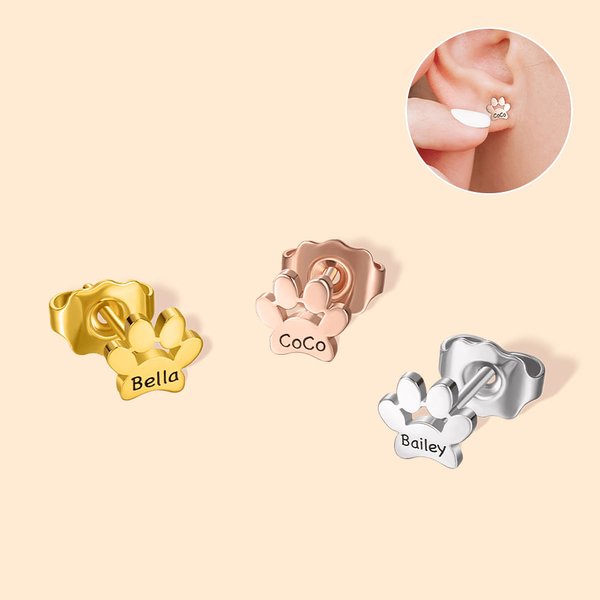 Paw Print Stud Earrings with Engraved Name