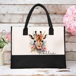 Personalised Floral Giraffe Large Canvas Tote Bag with Name and Ribbon Birthday Travel Accessories Gift for Women