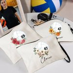 Personalised Birth Flower Volleyball Sports Theme Linen Wristlet Makeup Bag with Name and Number Birthday Gift for Women Volleyball Lovers