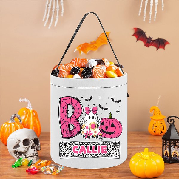 Personalizada Calabaza Fantasma Murciélago Cesta de Dulces con Nombre Divertido Regalo de Halloween para Niños Niñas