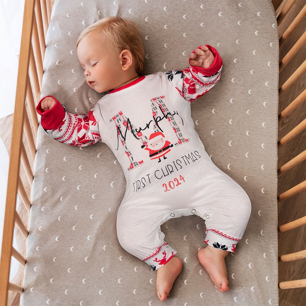 Personalized Cute Santa Design First Christmas Long Sleeve Baby Pajama
