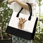 Personalised Floral Giraffe Large Canvas Tote Bag with Name and Ribbon Birthday Travel Accessories Gift for Women