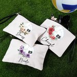 Personalised Birth Flower Volleyball Sports Theme Linen Wristlet Makeup Bag with Name and Number Birthday Gift for Women Volleyball Lovers