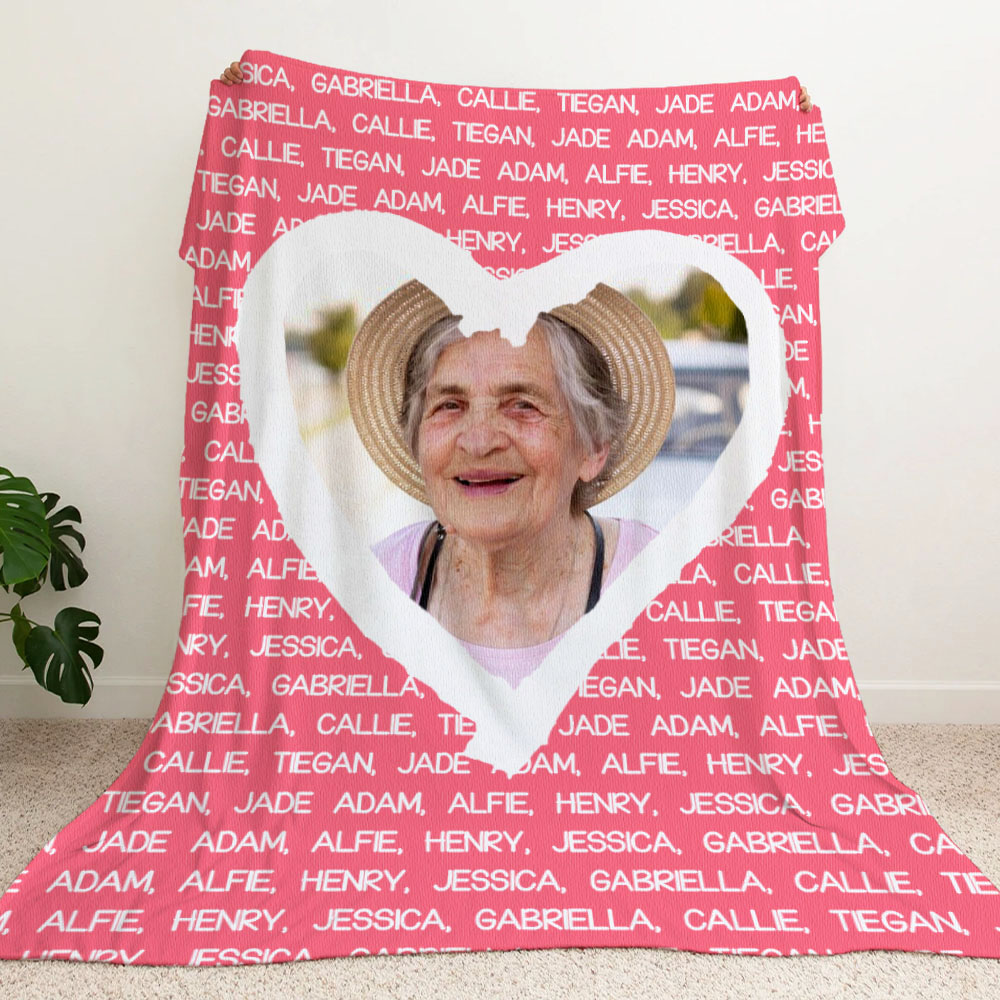 Couverture Douce Multicolore Personnalisée avec 1 à 20 Noms et Photo en Forme de Coeur Cadeau Anniversaire pour Parents Grands-parents