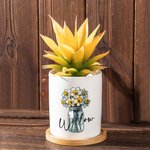 Personalized Birth Flower Ceramic Name Succulent Planter Pot with Drainage and Wooden Base Birthday Home Decor Gift for Family Friend