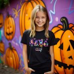 Personalised Cute Neon Ghost Pumpkin 100% Cotton Kid T-shirt with Name Multicolor Available Holiday Party Halloween Gift for Boys Girls
