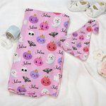 Personalized Cute Pumpkin Ghost Halloween Theme Pink Swaddle Blanket and Hat Set with Name Baby Shower Halloween Gift for Baby Girls