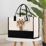 Personalised Floral Giraffe Large Canvas Tote Bag with Name and Ribbon Birthday Travel Accessories Gift for Women