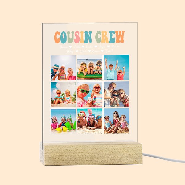 Veilleuse LED Personnalisée avec Collage de Photos Noms Décoration de Chambre avec Socle en Bois Cadeau Noël pour Famille Enfant
