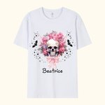Personalized Multicolor Pink Floral Skull T-shirt with Name Halloween Gift for Women