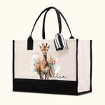 Personalised Floral Giraffe Large Canvas Tote Bag with Name and Ribbon Birthday Travel Accessories Gift for Women