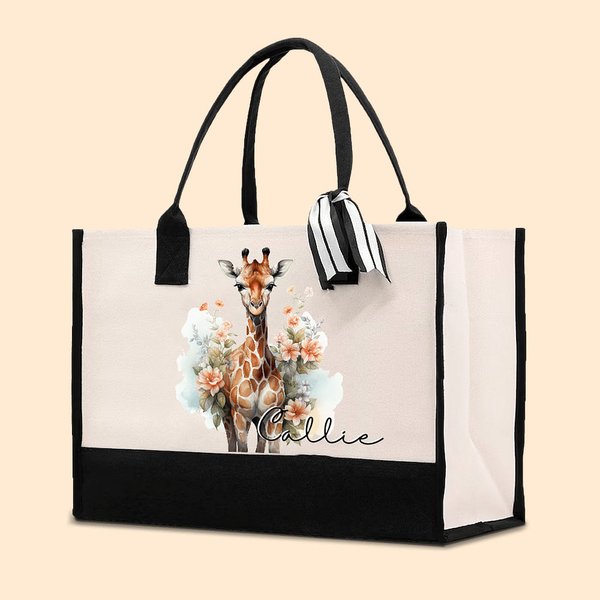 Personalised Floral Giraffe Large Canvas Tote Bag with Name and Ribbon Birthday Travel Accessories Gift for Women