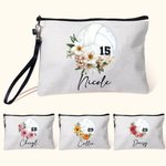 Personalised Birth Flower Volleyball Sports Theme Linen Wristlet Makeup Bag with Name and Number Birthday Gift for Women Volleyball Lovers