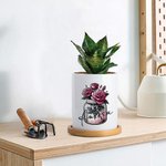 Personalized Birth Flower Ceramic Name Succulent Planter Pot with Drainage and Wooden Base Birthday Home Decor Gift for Family Friend