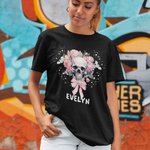 Personalized Multicolor Pink Floral Skull T-shirt with Name Halloween Gift for Women