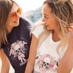 Personalized Multicolor Pink Floral Skull T-shirt with Name Halloween Gift for Women
