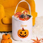 Personlig Pumpa Häxhatt Design Hink med Namn Halloween Bus eller Godis Present till Barn