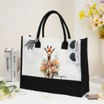 Personalised Floral Giraffe Large Canvas Tote Bag with Name and Ribbon Birthday Travel Accessories Gift for Women
