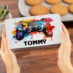 Personalised Splash-Ink Gamepad Design Biscuit Tin Storage Box with Name Birthday Gift for Kids Game Lover