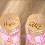 Personalized Cute Pink Ghost Glass Tumbler with Engraved Name Bamboo Lid and Straw Birthday Halloween Gift for Her