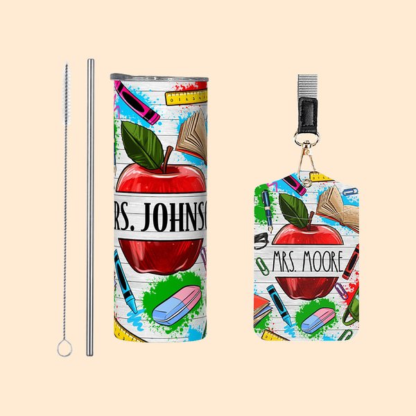 Personalizzato con pastello a mela colorato, righello per alimenti, bicchiere da 20 once e portabadge con nome, regalo di ringraziamento per l'insegna