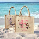 Personalised Birth Flower Bouquet Cute Cartoon Character Reusable Initial Tote Bag with Name Travel Essential Birthday Gift for Women Girls