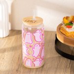 Personalized Cute Pink Ghost Glass Tumbler with Engraved Name Bamboo Lid and Straw Birthday Halloween Gift for Her