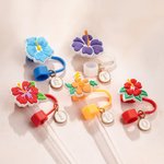 Personalised Sunflower Palm Summer Elements Straw Cover Topper with Initial Charm Accessories for Stanley Vacation Party Gift for Women Girls