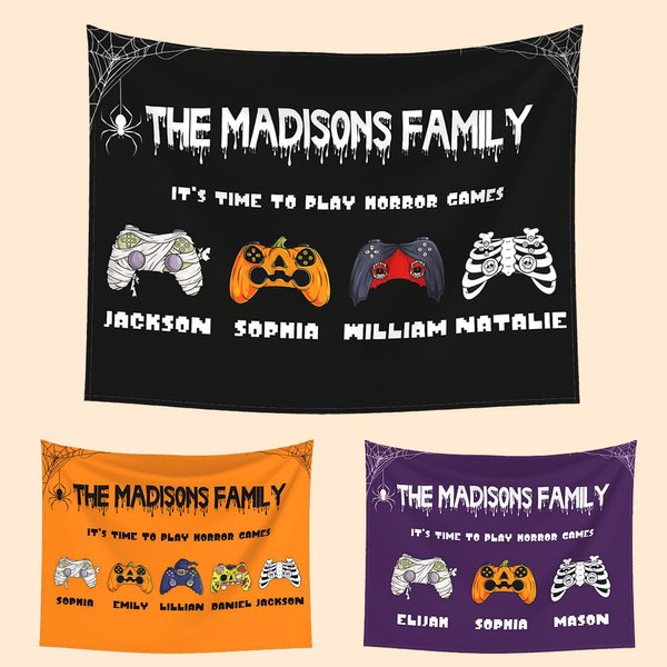 Personalizzato Spooky Pumpkin Vampire Zombie Skeleton Gamepad Tapestry con nome Wall Decor Regalo di Halloween per gli amanti dei videogiochi in famig