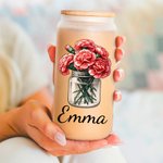 Personalised Mason Jar Birth Flower 20oz Name Glass Can with Straw and Bamboo Lid Birthday Christmas Gift for Women