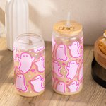 Personalized Cute Pink Ghost Glass Tumbler with Engraved Name Bamboo Lid and Straw Birthday Halloween Gift for Her