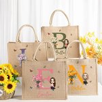 Bolso de yute reutilizable con nombre personalizado con flores de nacimiento y personaje de dibujos animados regalo de cumpleaños para mujeres y niñas