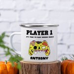 Personalised Skeleton Vampire Witch Gamepad 12oz Enamel Coffee Mug with Name Halloween Spooky Season Gift for Kids Friends