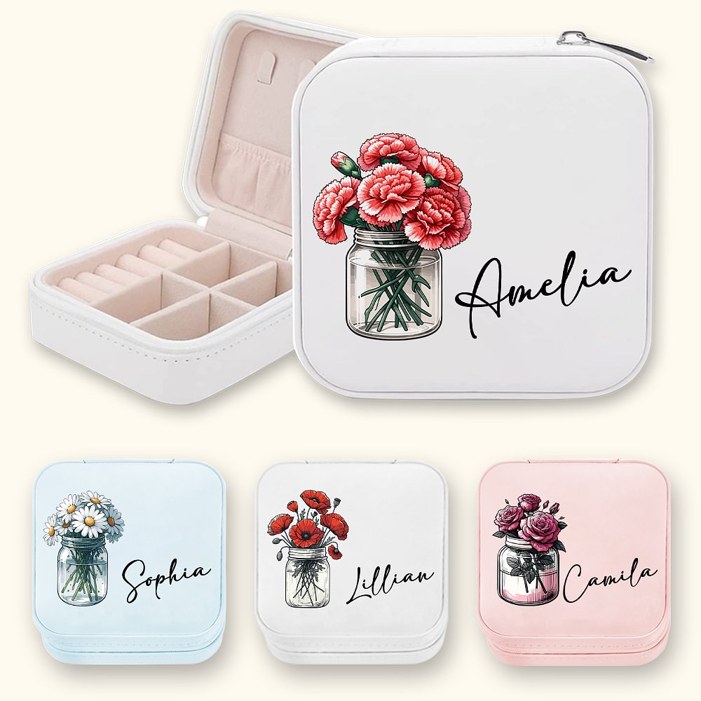 Coffret à bijoux portable personnalisé pour bouquet de fleurs de naissance avec nom Cadeau d'anniversaire pour femmes