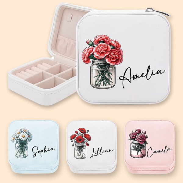 Coffret à bijoux portable personnalisé pour bouquet de fleurs de naissance avec nom Cadeau d'anniversaire pour femmes