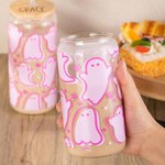 Personalized Cute Pink Ghost Glass Tumbler with Engraved Name Bamboo Lid and Straw Birthday Halloween Gift for Her