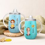 Personalized Cute Cartoon Character Birth Flower 10oz Insulated Sippy Cup with Name and Handle Baby Shower Birthday Gift for Kids