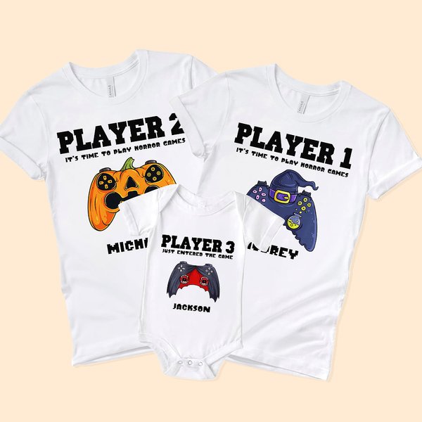 Personalised Spooky Pumpkin Witch Gamepad Design Family Matching Baby Bodysuit T-Shirt Sweatshirt with Name Halloween Gift for Game Lovers