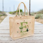 Bolso de yute reutilizable con nombre personalizado con flores de nacimiento y personaje de dibujos animados regalo de cumpleaños para mujeres y niñas