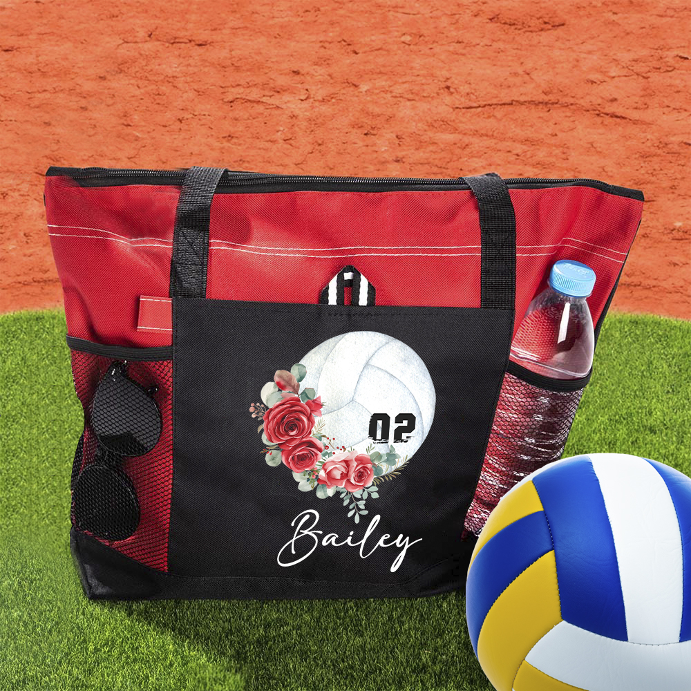 Sac fourre-tout personnalisé Volleyball Fleur de naissance avec nom Anniversaire Cadeau de Noël pour les femmes