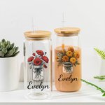 Personalised Mason Jar Birth Flower 20oz Name Glass Can with Straw and Bamboo Lid Birthday Christmas Gift for Women