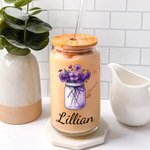Personalised Mason Jar Birth Flower 20oz Name Glass Can with Straw and Bamboo Lid Birthday Christmas Gift for Women