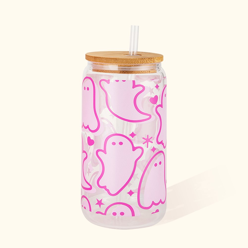 Verre fantôme rose personnalisé avec nom gravé Couvercle en bambou et paille Cadeau d'anniversaire et d'Halloween pour elle